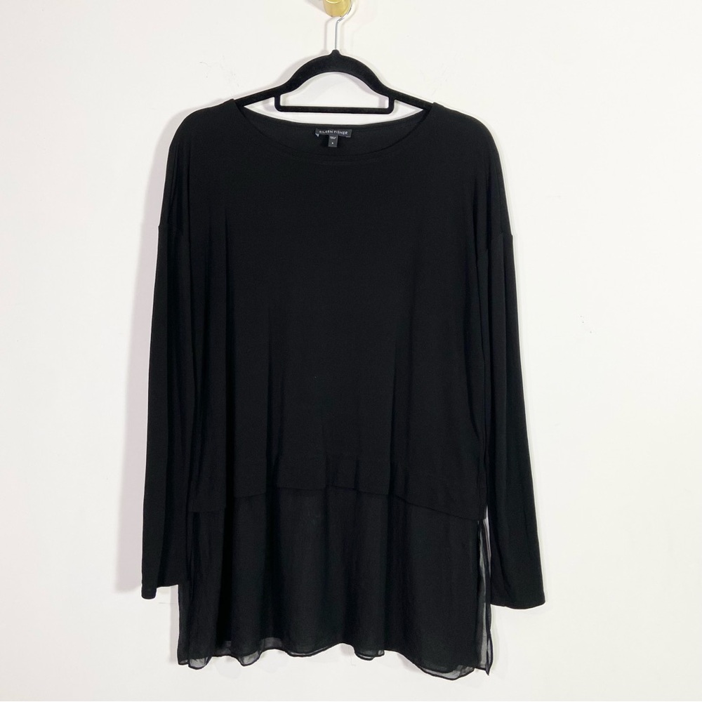 Eileen Fisher Black Silk Long Sleeve Scoop Neck Sheer Panel Top